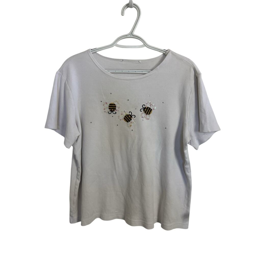White Bumble Bee White Embroidered T-Shirt Boxy Size XL Sequins Rhinestones